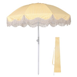 LAGarden 6Ft Fringe Patio Umbrella with Push Button Tilt Carry Bag UV30+ Outdoor Beach Yard Pool Party Deck Yellow Stripe - 1 of 4