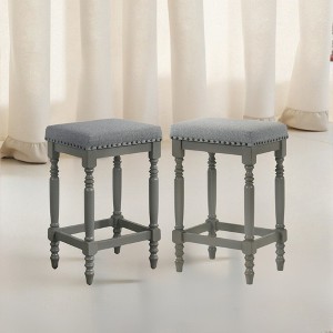 KWPZQEB Counter Height Bar Stools Set of 2, 26-Inch Barstools with Fabric Padded Seat & Turned Legs, Rustic Wooden Barstools for Kitchen Island - 1 of 4