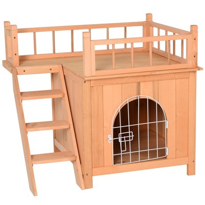 PawHut 2-Level Elevated Waterproof Outdoor Wooden Treehouse Cat Shelter With Balcony