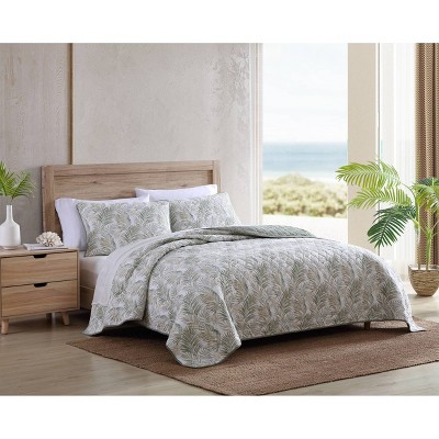 Reversible Sage Palm Motif White Cotton King Quilt Set