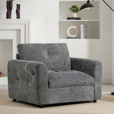 Vynxaria 42×33" Chenille Single Sofa Armchair Wide Seat, Dual-Port Charger (Type-C/USB), Tufted & Pull-line Design, High-Density Foam, 2 Colors