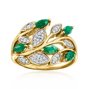 Ross-Simons 1.60 ct. t.w. Emerald and .20 ct. t.w. White Topaz Leaf Ring in 18kt Gold Over Sterling - 1 of 4