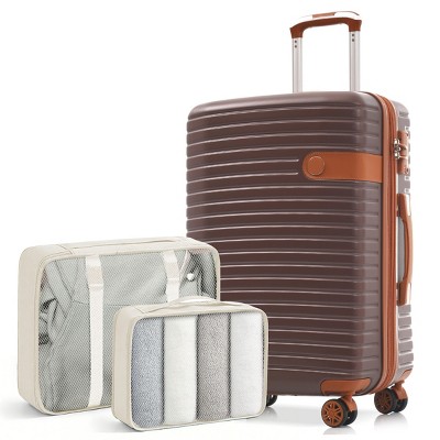 FURNIinspire Bag And Luggage Sets 24 Inch Luggage Set, Lightweight Checked Suitcase with 2 Mesh Bag Travel Business, Brown, 11"*15.9"*25.2"