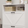 Vynxaria Farmhouse Shoe Storage Cabinet: Barn Door Design, 2 Flip Drawers, Freestanding Narrow Rack with Open Storage for Entryway, Foyer (White). - 3 of 4