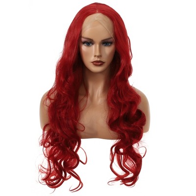 Unique Bargains Women's Beautiful Long Body Wave Lace Front Wigs with Wig Cap 26" Red 1 Pc