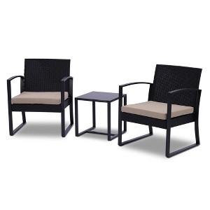 SereneLife 3-Piece Patio Outdoor Rattan Furniture Set - Includes 2 Single Chairs with Soft Cushions and 1 Glass-top Coffee Table - SLOTFX88, Black - 1 of 4