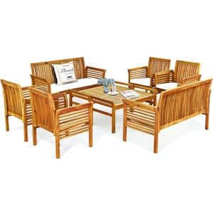 Tangkula 8-Piece Patio Acacia Wood Sofa Set Conversation Table Chairs with Beige Cushions - 1 of 4