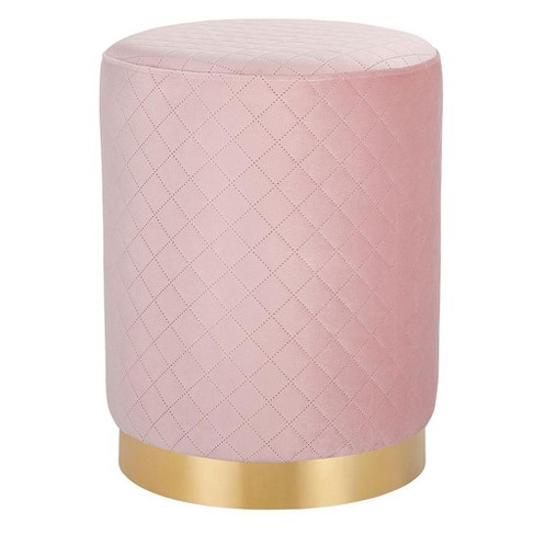 Angeles Home Pink Velvet Round Footrest Ottoman with Metal Base and Non-Slip Foot Pads