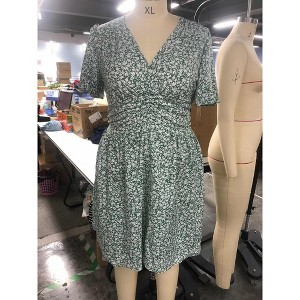 Women's Plus Size V Neck Smocked High Waist Wrap Swing Dresses Casual Loose Party Floral Mini Dress - 1 of 2
