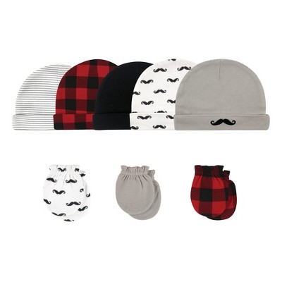 Image of Hudson Baby Infant Boy Cotton Cap and Scratch Mitten 8pc Set, Mustache, 0-6 Months