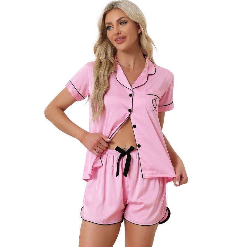 cheibear Women's Satin Button Down Sleepwear Shirt with Shorts Pajama Sets, 1 of 7