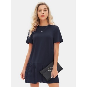 EXLURA Womens Summer Casual Short Sleeve Dress Crewneck Tshirt Dresses Pleated Aline Mini Dress 2025 Vacation Beach Sundress - 1 of 4