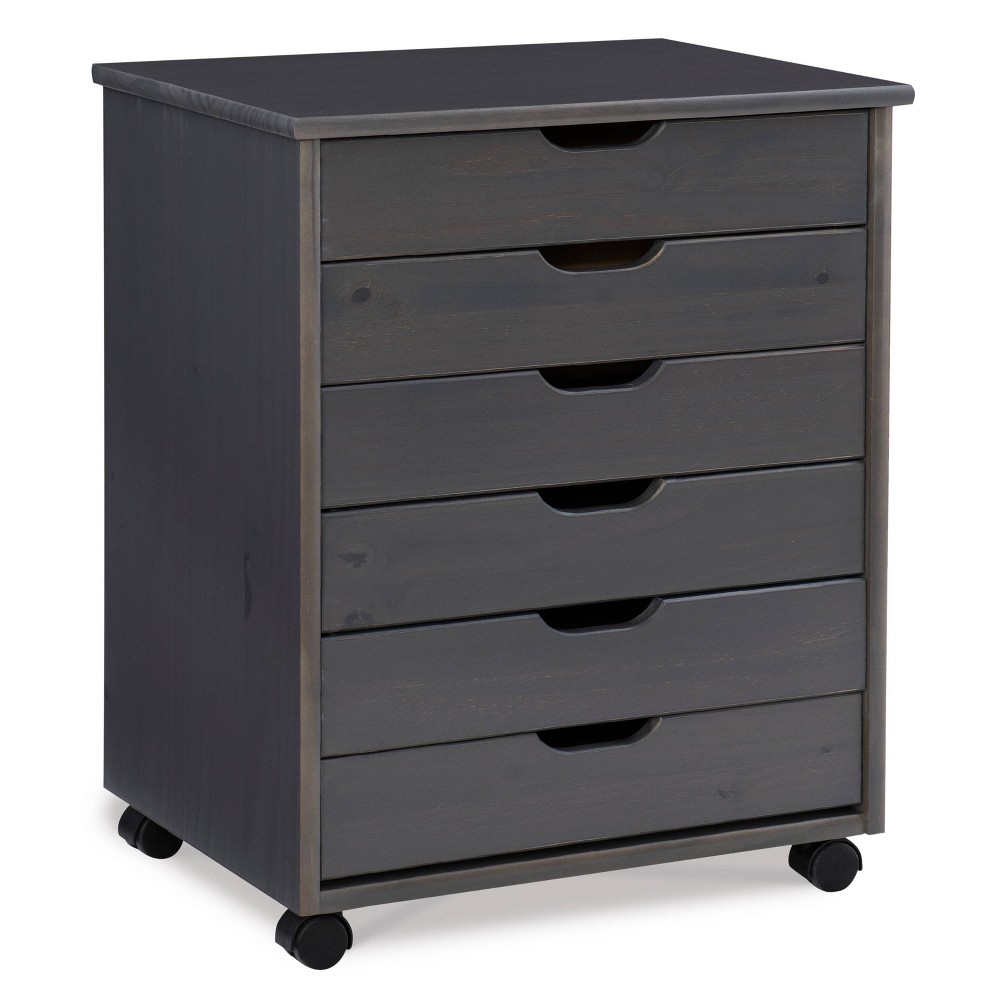 Photos - Other Furniture Linon Cary Transitional 6 Drawer Solid Wood Contoured Handle Cut Out Wide Roll Cart Gray  