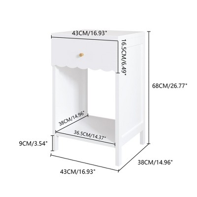 Dimensions diagram of white bedside cabinet showing measurements