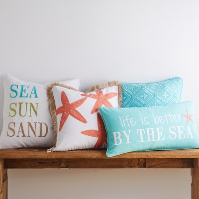 Bakio Coral and White Embroidered Starfish Pillow with Fringe Trim