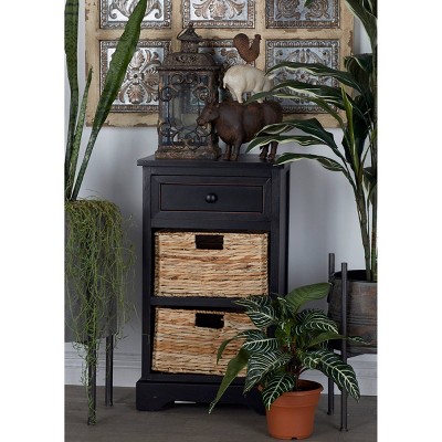 Black Pinewood Accent Table with Wicker Basket Drawers