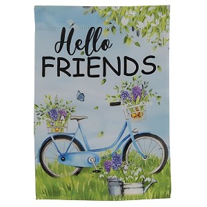 Slickblue "Hello Friends" Flag – Spring Bicycle with Blue and Purple Flowers, 18" x 12.5", Machine Washable - 1 of 4