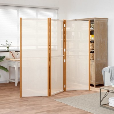 vidaXL 3-Panel Room Divider in Acacia Wood and Textilene - Foldable Design for Indoor and Outdoor Use - Cream White 82.7"x70.9"'