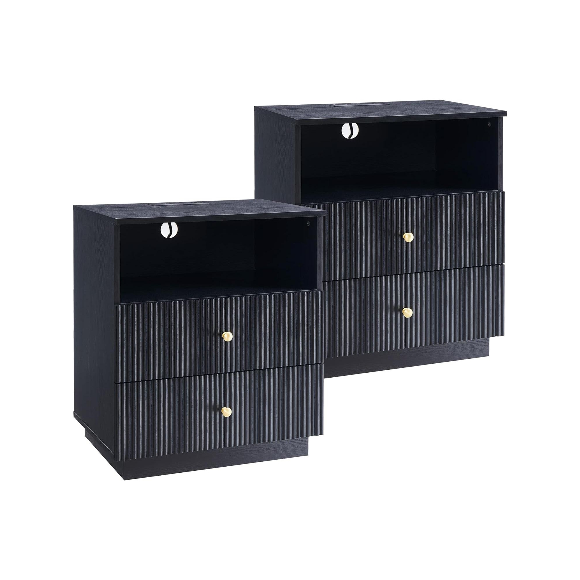 SinCiDo Modern Nightstand Set of 2, Wood Night Stand with Charging Station & 2 Drawers & Open Shelf, Fluted Bedside Table for Bedroom, Black