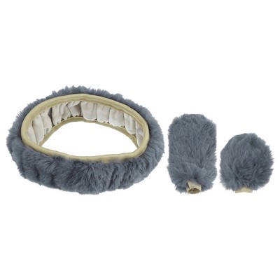 Unique Bargains 1 Set Fluffy Car Steering Wheel Cover Fit for 15" Soft Fluffy Handbrake Cover Gear Shift Boot Cover Universal Short Hair