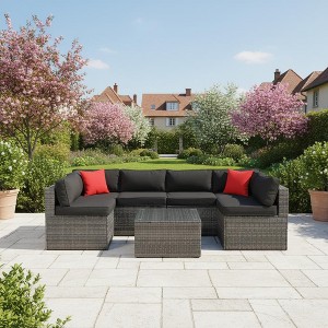 YOOCOZZ 5-Piece Outdoor Rattan Sectional Sofa Set with Loveseats, Armless Sofas, and Table, Free Combination - 1 of 4