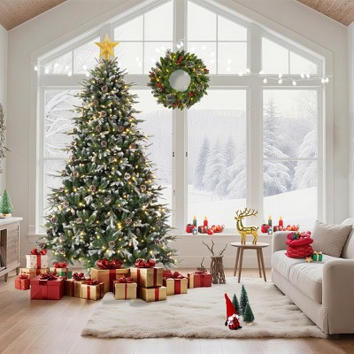 9 FT Snow Flocked Christmas Tree with 800 Warm Lights-8 Modes, Prelit Christmas Trees with Pine Cone & Gloves, Metal Folding Stand