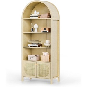 VINGLI Arched Display Cabinet, Natural Rattan Storage Cabinet with 5 Shelves, 5 Tier Arched Bookshelf, Wood Tall Bookcases, Sturdy - 1 of 4