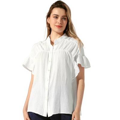 Allegra K Women's Casual Button Up Textured Ruffle Sleeve Blouse