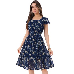 Allegra K Women's Floral Chiffon Flutter Sleeve Belted Square Neck Ruffled Hem Dress - 1 of 4