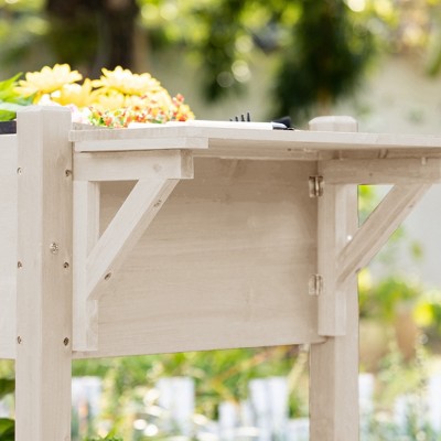 Elevated Natural Wood Garden Bed with Wheels and Storage Shelf
