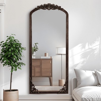 Lirago Arch Solid Wood Mirror Ornate Mirror Wall Mirror Retro Mirror with Carved Frame 67*28 Caramel