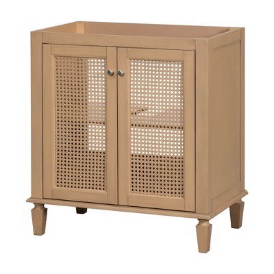 30" Natural Bathroom Vanity with Resin Sink, Freestanding Storage Cabinet with Hidden Drawer & Soft-Close Rattan Doors, Rustic Style - ModernLuxe