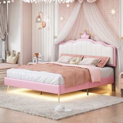 NicBex Twin/Full Size Princess Upholstered Bed Frame with Crown-Shaped Headboard and LED Light for Girls,Solid Wood Slats Support,Easy Assembly