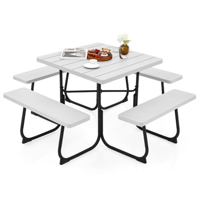 Tangkula 8-person Square Picnic Table Bench Set Outdoor Picnic Table with 4 Benches & Umbrella Hole 500 LBS Capacity Black/Grey/White/Green