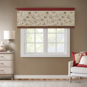 50"x18" Monroe Embroidered Window Valance Red - Madison Park: Floral Pleated Window Treatment, 1.25" Rod Pocket - 1 of 4