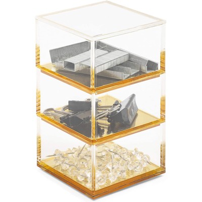 Okuna Outpost 3 Tier Clear Acrylic Stacking Desk Organizer with Gold Bottom (3 x 3 x 5.3 In)
