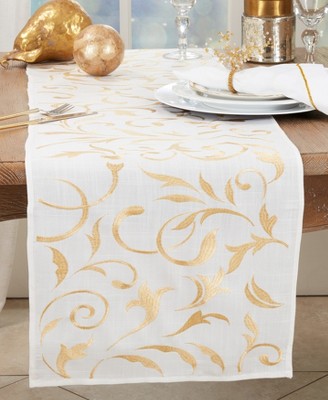 White and Gold Botanical Embroidered Polyester Table Runner