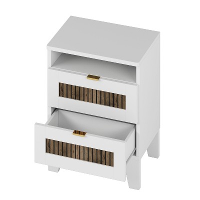 Vynxaria 2-Drawer Farmhouse Wooden Nightstand with Wooden Strip Decoration and Metal Handle, Wood Side Table with Storage Cabinet for Bedroom, White