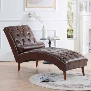 60.24" PU Upholstered Chaise Lounge with Rolling Pillow and Birch Gourd Legs - 1 of 4