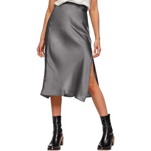 Women's Satin Midi Skirt - High Waist Slit Design with Comfortable Elastic Waistband Grey - 1 of 4