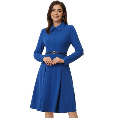 Allegra K Women's Elegant Long Sleeve Button Decor Belted Fit And Flare  Dress Royal Blue Small : Target