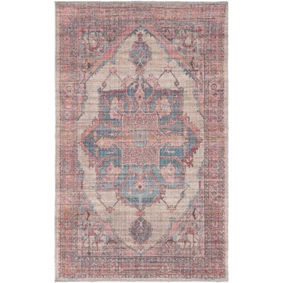 Ivory and Pink Flat Woven Washable Synthetic Area Rug 4' x 6'