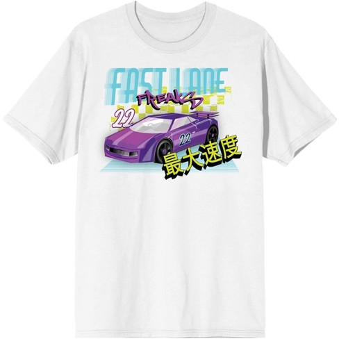 purple and white graphic tee