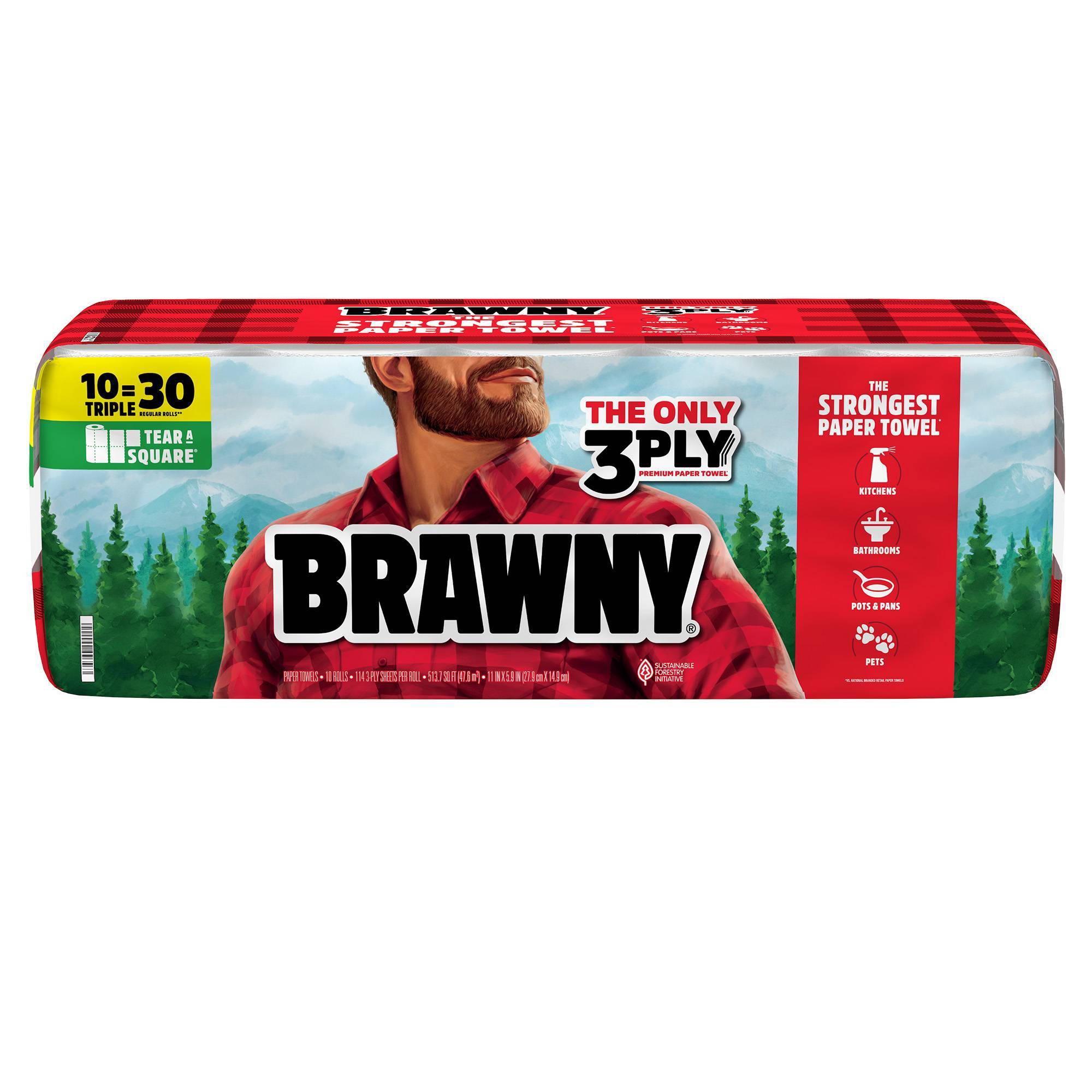 Brawny Tear-A-Square Paper Towels - 10 Triple Rolls - 3-Ply - 114 Sheets