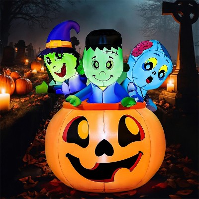 Joyfy 5 FT Tall Halloween Inflatables Outdoor Decorations, Inflatable Witch and Zombie on Pumpkin with LEDs for Halloween Party Yard Lawn Garden Decor