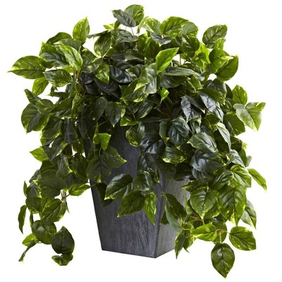 Hanging Pothos with Slate Planter - Nearly Natural