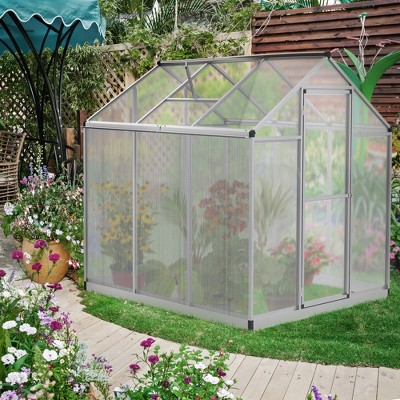 Outsunny 6' x 6' Polycarbonate Walk-In Greenhouse with Roof Vent and Rain Gutter