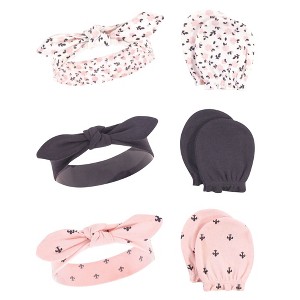 Hudson Baby Infant Girls Cotton Headband and Scratch Mitten 6pc Set, Berry Floral, 0-6 Months - 1 of 2