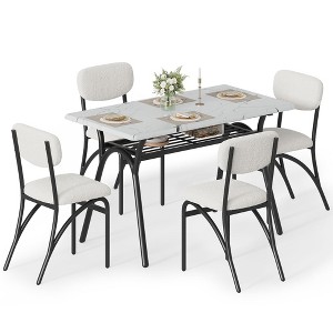 Modern Dining Table Chair Set for 4, Kitchen Table with Storage Rack and 4 Beige Boucle Chairs - 1 of 4