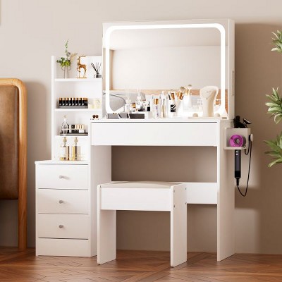 YOOCOZZ Vanity Table with LED Mirror, Charging Station, Hair Dryer Holder and Cushioned Stool - White